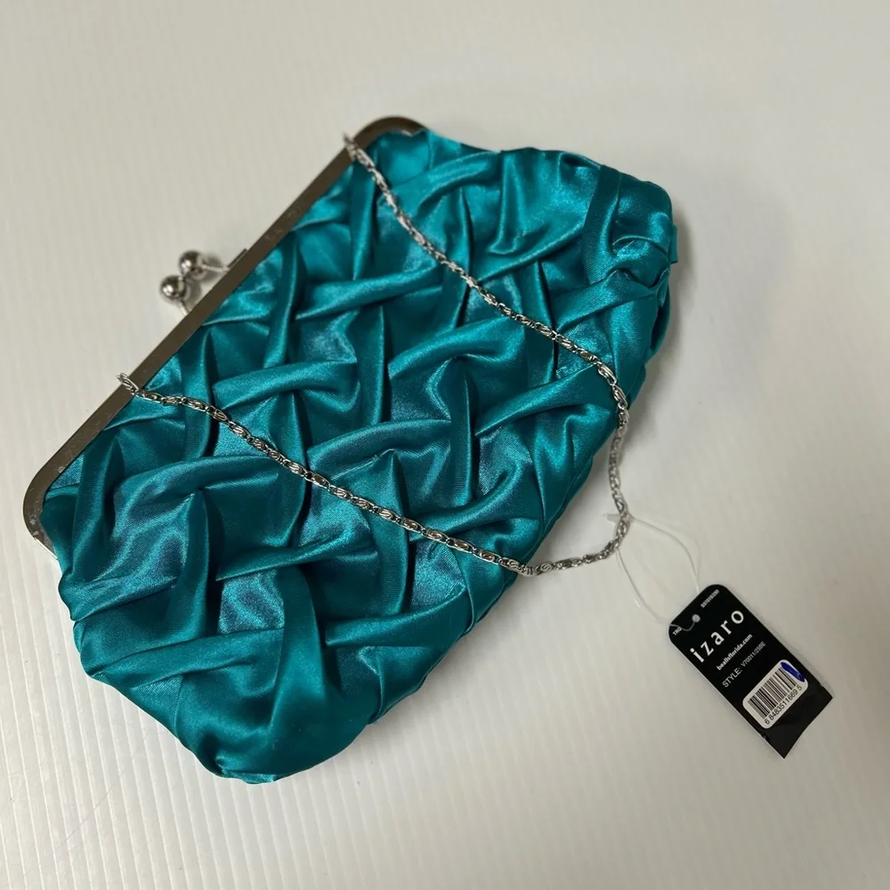 Jessica McClintock Teal Satin Purse Evening Bag Kiss Lock NWT - Picture 6 of 8